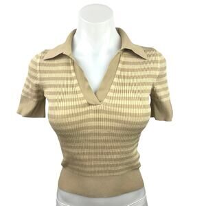 MICHAEL Michael Kors Metallic Gold Striped Collar V-Neck Knit Crop Polo Top 2XS